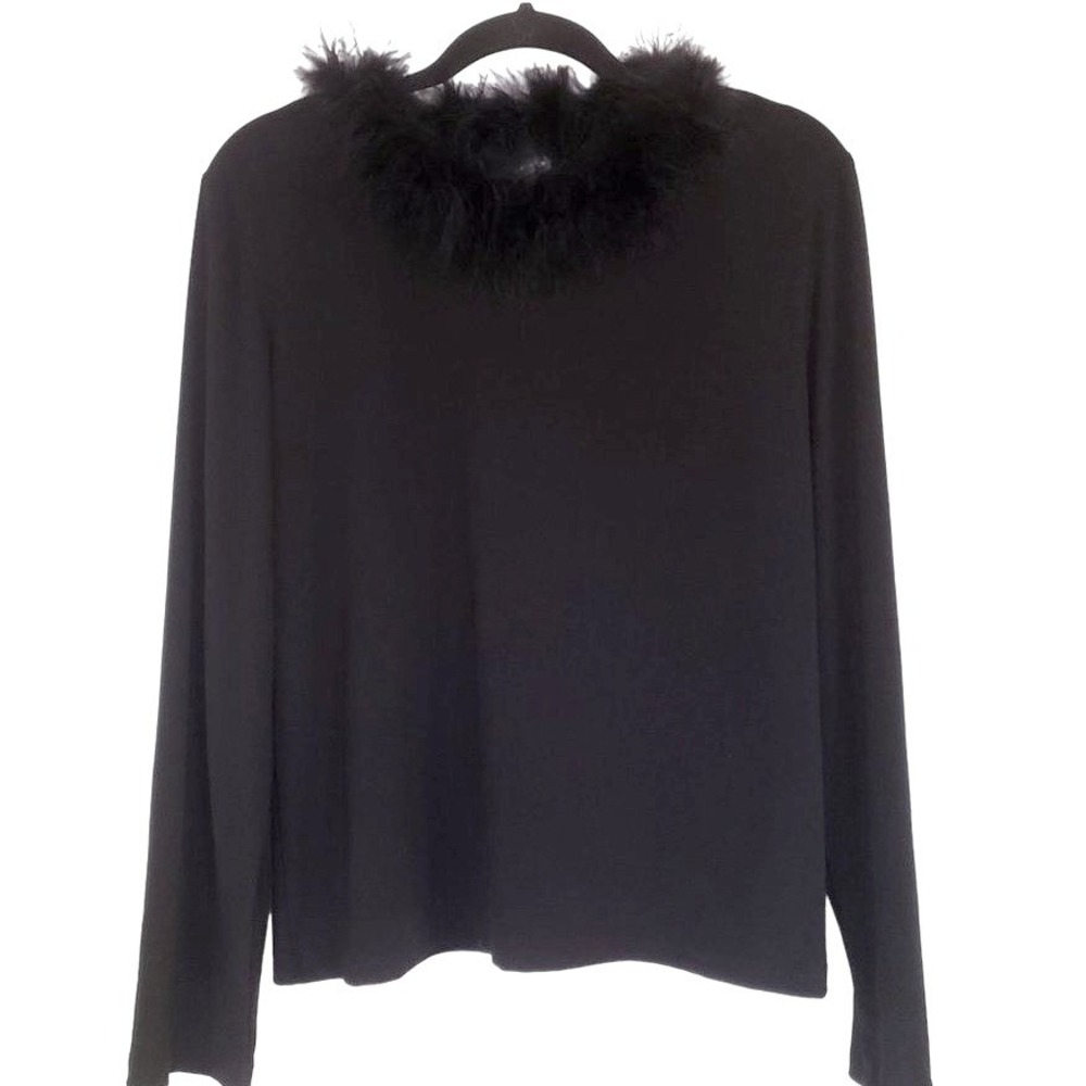 Vintage Claudia Richards Blouse size XL fMarabou eather trim collar black long s